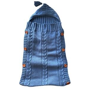 Baby cable sweater blanket bunting, button side, hooded, blue, warm & cozy